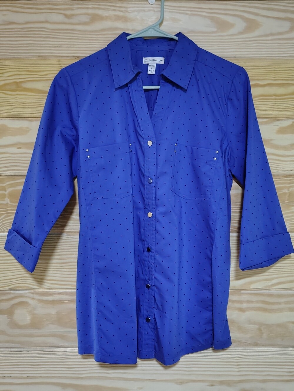 Croft & Barrow Cobalt Blue Polka Dot Stretch Button Up Shirt Small Preppy Cotton